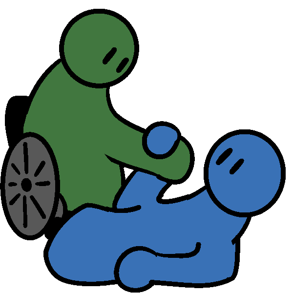 A green person in a wheelchair holding hands with a blue person who has fallen on the ground.